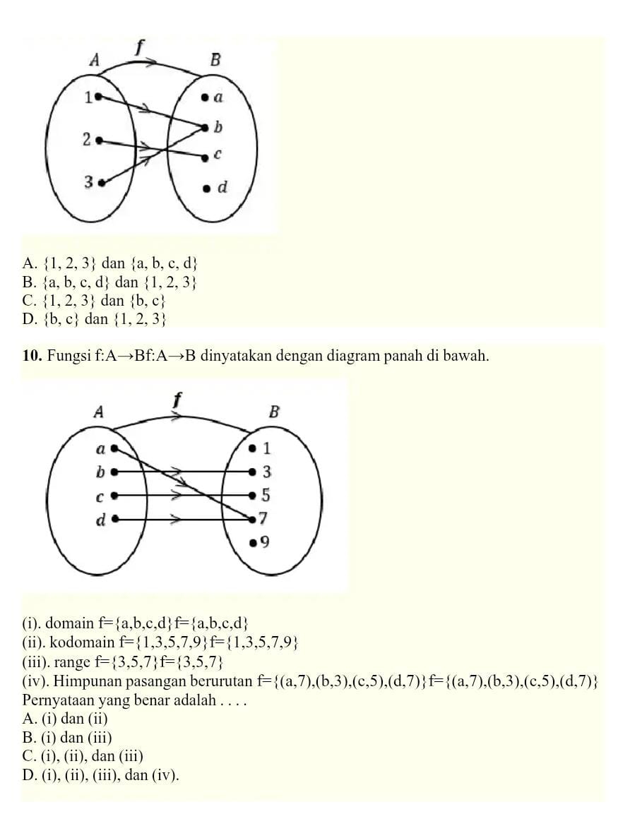 A.  1,2,3 dan  a,b,c,d
B.  a,b,c,d dan  1,2,3
C.  1,2,3 dan  b,c
D.  b,c dan  1,2,3
10. Fungsi f: Ato Bf:Ato B dinyatakan dengan diagram panah di bawah.
(i). domain f= a,b,c,d f= a,b,c,d
(ii). kodomain f= 1,3,5,7,9 f= 1,3,5,7,9
(iii). range f= 3,5,7 f= 3,5,7
(iv). Himpunan pasangan berurutan f= (a,7),(b,3),(c,5),(d,7) f= (a,7),(b,3),(c,5),(d,7)
Pernyataan yang benar adalah . . . .
A. (i) dan (ii)
B. (i) dan (iii)
C. (i), (ii), dan (iii)
D. (i), (ii), (iii), dan (iv).