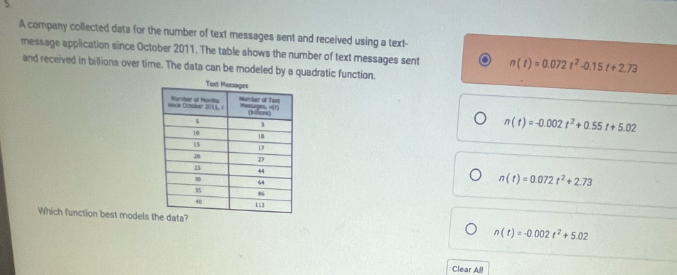 A company collected data for the number of text messages sent and received using a text-
message application since October 2011. The table shows the number of text messages sent
and received in billions over time. The data can be modeled by a quadratic function.
n(t)=0.072t^2-0.15t+2.73
n(t)=-0.002t^2+0.55t+5.02
n(t)=0.072t^2+2.73
Which function best models ta?
n(t)=-0.002t^2+5.02
Clear All