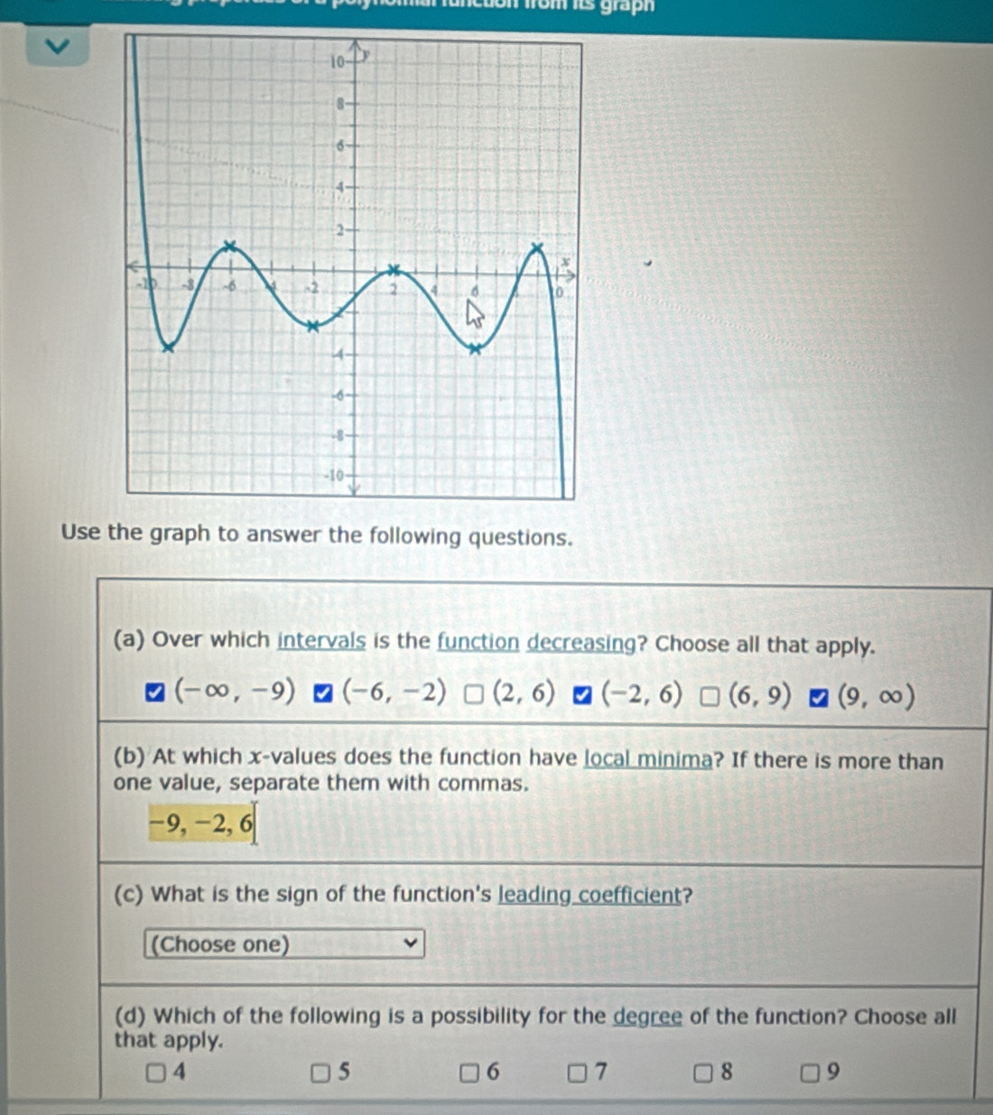 it n from hts  gra h 
Use the graph to answer the following questions.
(a) Over which intervals is the function decreasing? Choose all that apply.
(-∈fty ,-9) (-6,-2) (2,6) (-2,6) (6,9) (9,∈fty )
(b) At which x-values does the function have local minima? If there is more than
one value, separate them with commas.
_  9, −2, 6
(c) What is the sign of the function's leading coefficient?
(Choose one)
(d) Which of the following is a possibility for the degree of the function? Choose all
that apply.
4
5
6 7
8 9