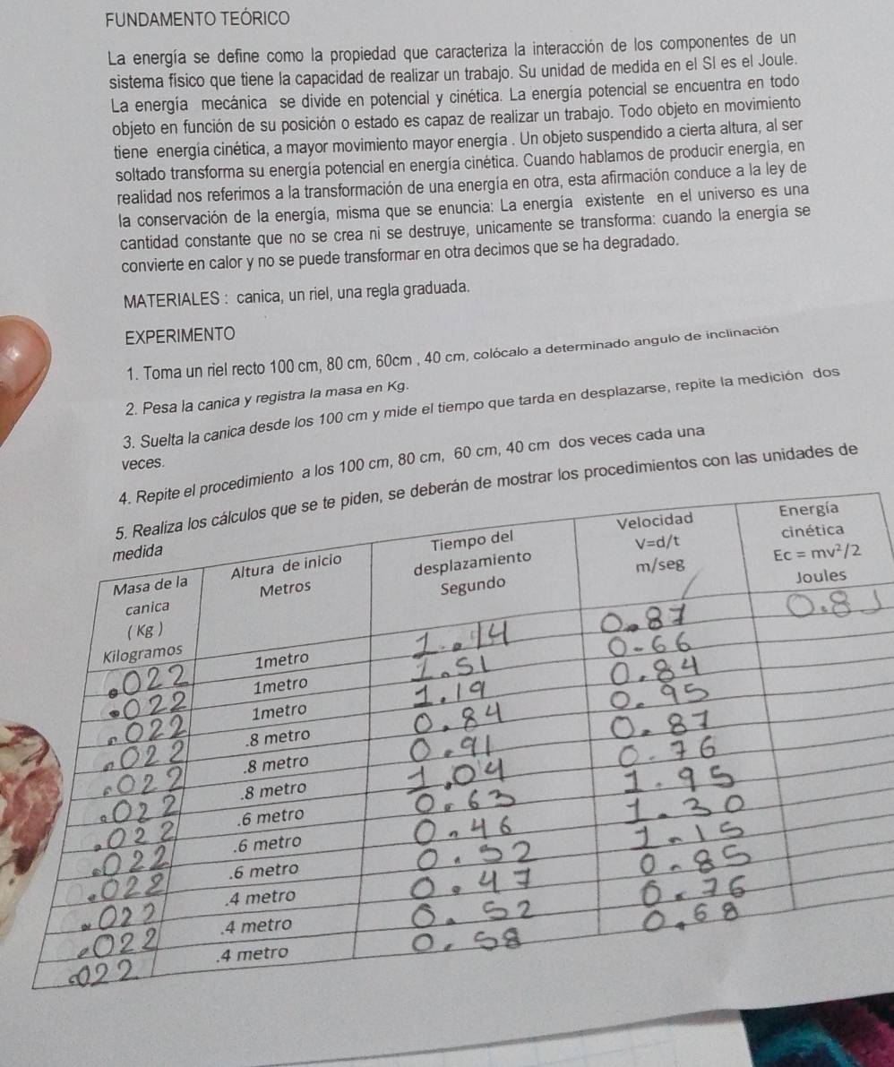 FUNDAMENTO TEÓRICO
La energía se define como la propiedad que caracteriza la interacción de los componentes de un
sistema físico que tiene la capacidad de realizar un trabajo. Su unidad de medida en el SI es el Joule.
La energía mecánica se divide en potencial y cinética. La energía potencial se encuentra en todo
objeto en función de su posición o estado es capaz de realizar un trabajo. Todo objeto en movimiento
tiene energía cinética, a mayor movimiento mayor energía . Un objeto suspendido a cierta altura, al ser
soltado transforma su energía potencial en energía cinética. Cuando hablamos de producir energía, en
realidad nos referimos a la transformación de una energía en otra, esta afirmación conduce a la ley de
la conservación de la energía, misma que se enuncia: La energía existente en el universo es una
cantidad constante que no se crea ni se destruye, unicamente se transforma: cuando la energía se
convierte en calor y no se puede transformar en otra decimos que se ha degradado.
MATERIALES : canica, un riel, una regla graduada.
EXPERIMENTO
1. Toma un riel recto 100 cm, 80 cm, 60cm , 40 cm, colócalo a determinado angulo de inclinación
2. Pesa la canica y registra la masa en Kg.
3. Suelta la canica desde los 100 cm y mide el tiempo que tarda en desplazarse, repite la medición dos
ento a los 100 cm, 80 cm, 60 cm, 40 cm dos veces cada una
veces.
strar los procedimientos con las unidades de