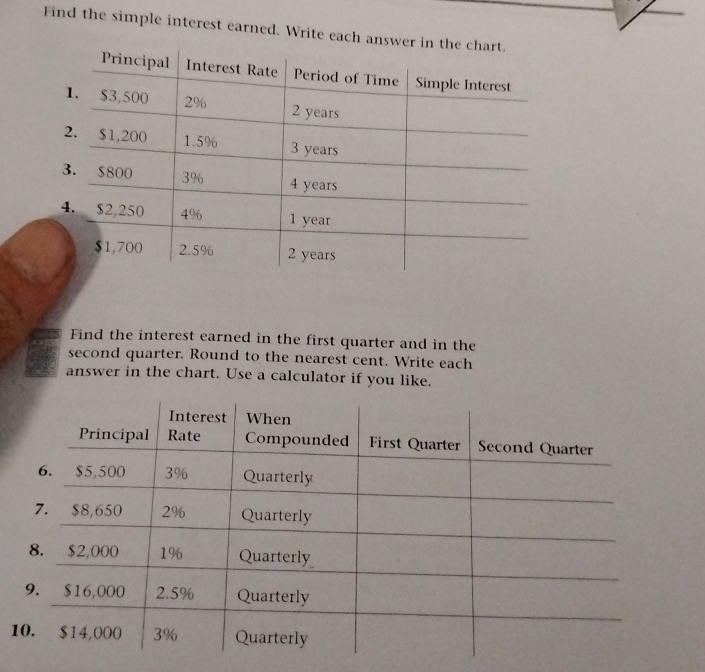 Find the simple interest earned. Write each answ 
Find the interest earned in the first quarter and in the 
second quarter. Round to the nearest cent. Write each 
answer in the chart. Use a calculator if you like. 
1