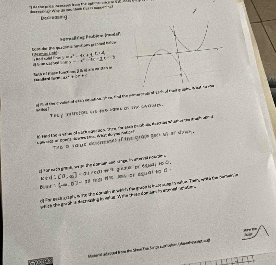 As the price increases from the optimal price to $10, doet the gra
decreasing? Why do you think this is happening?
Decreasing
Formalizing Problem (model)
Consider the quadratic functions graphed below
(Desmos Link):
i) Red solid line: y=x^2-4x+4
iI) Blue dashed line: y=-x^2-4x-
Both of these functions (i & ii) are written in
standard form: ax^2+bx+c
a) Find the c value of each equation. Then, find the y-intercepts of each of thei
notice?
t same as the cvalues .
b) Find the α value of each equation. Then, for each parabola, describe whether the graph opens
upwards or opens downwards. What do you notice?
c) For each graph, write the domain and range, in interval notation.
a u r e a
ked : 
Blue ( ,o]- all real
d) For each graph, write the domain in which the graph is increasing in value. Then, write the domain in
which the graph is decreasing in value. Write these domains in interval notation.
Skew The
Script
Material adapted from the Skew The Script curriculum (skewthescript.org)
①②0
7