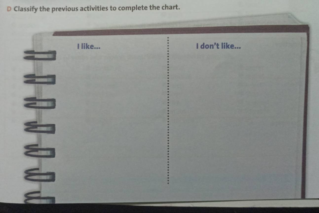 Classify the previous activities to complete the chart.