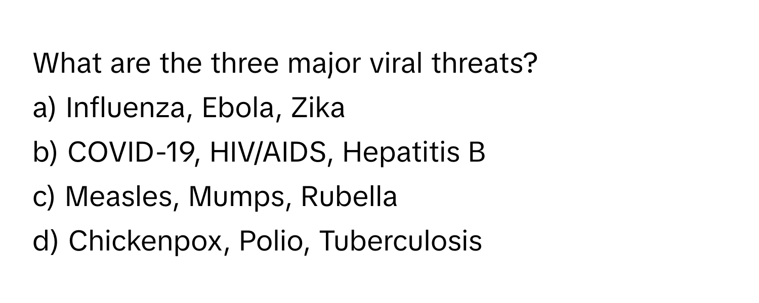 What are the three major viral threats?

a) Influenza, Ebola, Zika 
b) COVID-19, HIV/AIDS, Hepatitis B 
c) Measles, Mumps, Rubella 
d) Chickenpox, Polio, Tuberculosis