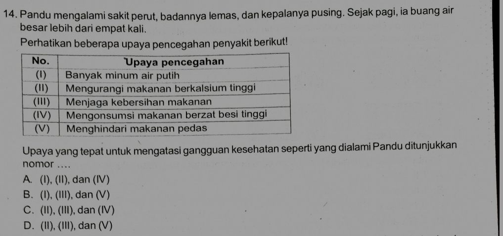 Pandu mengalami sakit perut, badannya lemas, dan kepalanya pusing. Sejak pagi, ia buang air
besar lebih dari empat kali.
Perhatikan beberapa upaya pencegahan penyakit berikut!
Upaya yang tepat untuk mengatasi gangguan kesehatan seperti yang dialami Pandu ditunjukkan
nomor ....
A. (I), (II), dan (IV)
B. (I), (III), dan (V)
C. (II), (III), dan (ⅣV)
D. (II), (III), dan (V)