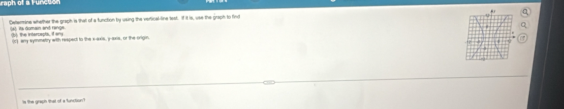 raph of a Function 
Determine whether the graph is that of a function by using the vertical-line test. If it is, use the graph to find 
(a) its domain and range. 
(b) the intercepts, if any. 
(c) any symmetry with respect to the x-axis, y-axis, or the origin. 
Is the graph that of a function?