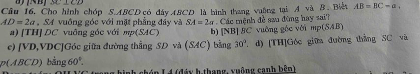 [NB] SC⊥ CD
Câu 16. Cho hình chóp S. ABCD có đáy ABCD là hình thang vuông tại A và B. Biết AB=BC=a,
AD=2a , SA vuông góc với mặt phẳng đáy và SA=2a Các mệnh đề sau đúng hay sai?
a) [TH] DC vuông góc với mp(SAC) b) [NB] BC vuông góc với mp(SAB
c) [ VD, VDC ]Góc giữa đường thẳng SD và (SAC) bằng 30° d) [TH]Góc giữa đường thằng SC và
p(ABCD) bằng 60^0. 
nh chóp L 4 (đáy h thang, vuộng canh bên)