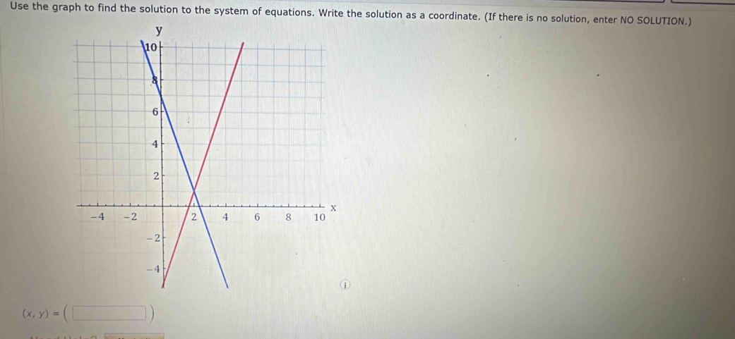 Use the graph to find the solution to the system of equations. Write the solution as a coordinate. (If there is no solution, enter NO SOLUTION.)
(x,y)=(□ )