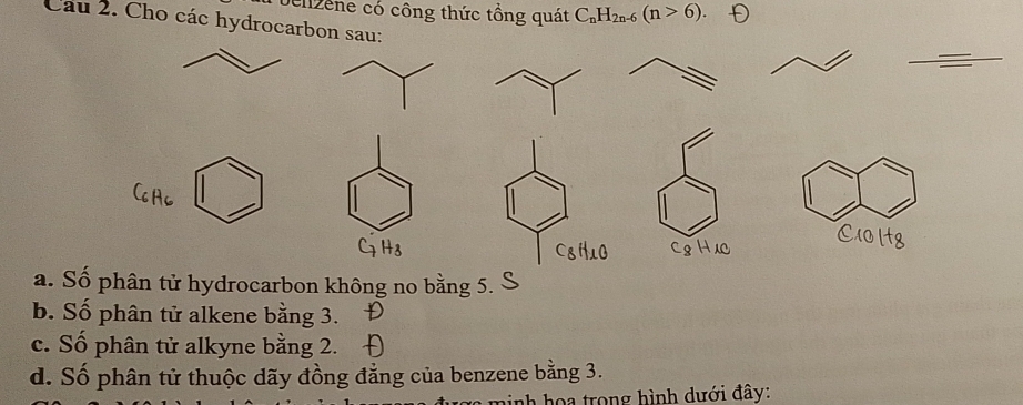 Jenzene có công thức tổng quát C_nH_2n-6(n>6)
Câu 2. Cho các hydrocarbon sau: 
a. Số phân tử hydrocarbon không no bằng 5. 
b. Số phân tử alkene bằng 3. 
c. Số phân tử alkyne bằng 2. 
d. Số phân tử thuộc dãy đồng đẳng của benzene bằng 3. 
hinh họa trong hình dưới đây: