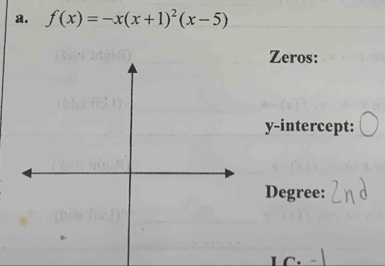 f(x)=-x(x+1)^2(x-5)
Zeros: 
y-intercept: 
Degree: