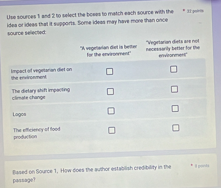 Use sources 1 and 2 to select the boxes to match each source with the 32 points 
idea or ideas that it supports. Some ideas may have more than once 
source selected: 
Based on Source 1, How does the author establish credibility in the 8 points 
passage?