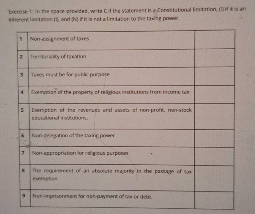 In the space provided, write C if the statement is a Constitutional limitation, (I) if it is an 
Inherent limitation (I), and (N) if it is not a limitation to the taxing power.