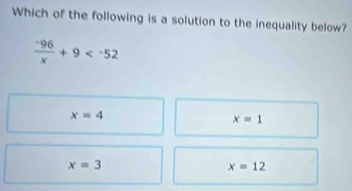 Which of the following is a solution to the inequality below?
 (-96)/x +9
x=4
x=1
x=3
x=12