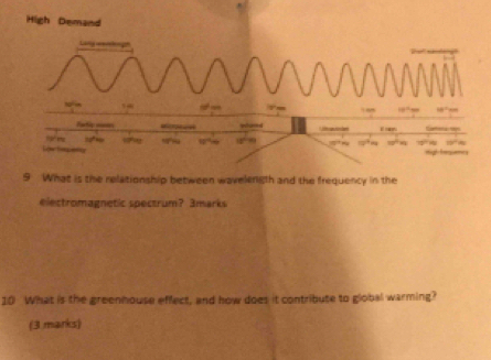 High Demand 
I _ Tm
10° 88°
Eatic mein 
Lê l a mh 
9 What is the relationship between wavelength and the frequency in the 
electromagnetic spectrum? 3marks 
10 What is the greenhouse effect, and how does it contribute to global warming? 
(3 marks)