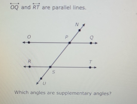 overleftrightarrow OQ and overleftrightarrow RT are parallel lines. 
Which angles are supplementary angles?