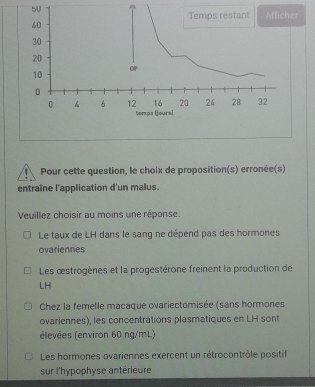 bU
Temps restant Afficher
40
30
20
10
OP
0
0 4 6 12 16 20 24 28 32
temps (jours)
Pour cette question, le choix de proposition(s) erronée(s)
entraîne l'application d'un malus.
Veuillez choisir au moins une réponse.
Le taux de LH dans le sang ne dépend pas des hormones
ovariennes
Les œstrogènes et la progestérone freinent la production de
LH
Chez la femelle macaque ovariectomisée (sans hormones
ovariennes), les concentrations plasmatiques en LH sont
élevées (environ 60 ng/mL)
Les hormones ovariennes exercent un rétrocontrôle positif
sur l'hypophyse antérieure