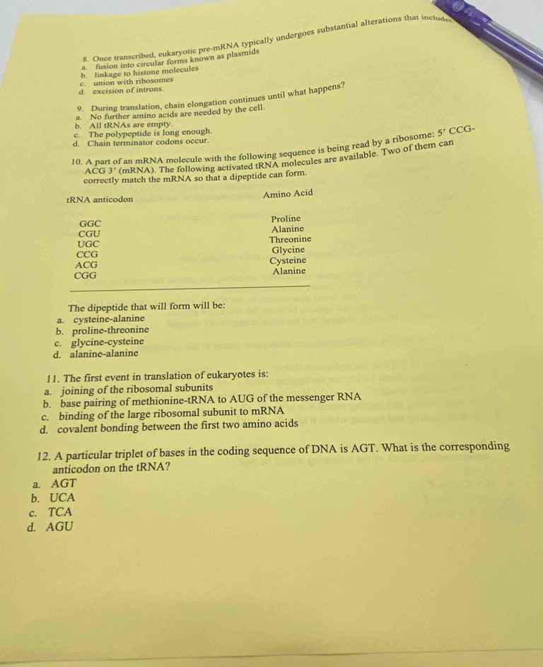 Once transcribed, eukaryotic pre-mRNA typically undergoes substantial alterations that inctude
a. fusion into circular forms known as plasmids
b. linkage to histone molecules
c. union with ribosomes
d. excision of introns.
9. During translation, chain elongation continues until what happens?
a. No further amino acids are needed by the cell.
b. All tRNAs are empty.
c. The polypeptide is long enough.
d. Chain terminator codons occur.
10. A part of an mRNA molecule with the following sequence is being read by a ribosome: 5' CCG-
A( CG3' (1 nRNA ). The following activated tRNA molecules are available. Two of them can
correctly match the mRNA so that a dipeptide can form.
tRNA anticodon Amino Acid
GGC Proline
CGU Alanine
UGC Threonine
CCG Glycine
ACG Cysteine
CGG Alanine
The dipeptide that will form will be:
a. cysteine-alanine
b. proline-threonine
c. glycine-cysteine
d. alanine-alanine
11. The first event in translation of eukaryotes is:
a. joining of the ribosomal subunits
b. base pairing of methionine-tRNA to AUG of the messenger RNA
c. binding of the large ribosomal subunit to mRNA
d. covalent bonding between the first two amino acids
12. A particular triplet of bases in the coding sequence of DNA is AGT. What is the corresponding
anticodon on the tRNA?
a. AGT
b. UCA
c. TCA
d. AGU