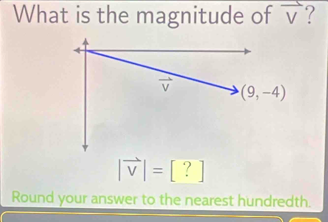 What is the magnitude of frac V ?
|vector v|=[?]
Round your answer to the nearest hundredth.