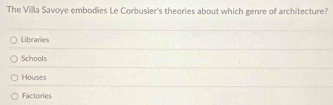 The Villa Savoye embodies Le Corbusier's theories about which genre of architecture?
Libraries
Schools
Houses
Factories