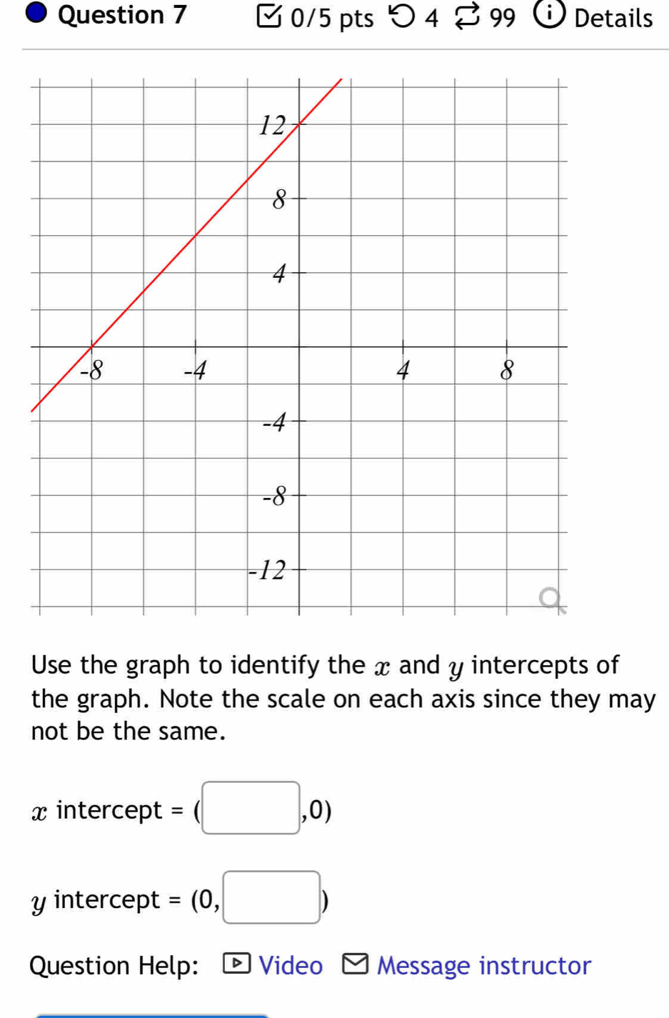 ✔ 0/5 pts つ 4 % 99 i Details 
Use the graph to identify the x and y intercepts of 
the graph. Note the scale on each axis since they may 
not be the same.
x intercept = (□ ,0)
y intercept = (0,□ )
Question Help: - Video Message instructor