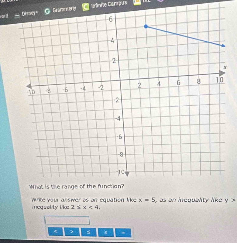 wordGrammerly Infinite Campus 
Write your answer as an equation like x=5 , as an inequality like y>
inequality like 2≤ x<4</tex>, 
< 
=