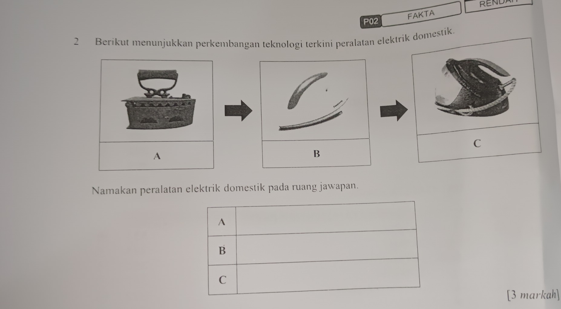 RENDA
P02
FAKTA
2 Berikut menunjukkan perkembangan teknologi terkini peralatan elektrik domestik.
C
A
Namakan peralatan elektrik domestik pada ruang jawapan.
A
B
C
[3 markah]