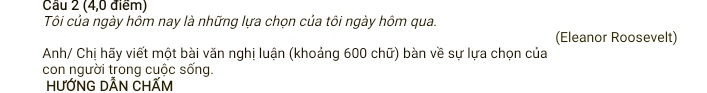 Cầu 2 (4,0 điểm) 
Tôi của ngày hôm nay là những lựa chọn của tôi ngày hôm qua. 
(Eleanor Roosevelt) 
Anh/ Chị hãy viết một bài văn nghị luận (khoảng 600 chữ) bàn về sự lựa chọn của 
con người trong cuộc sống. 
HƯỚNG DẢN CHẤM