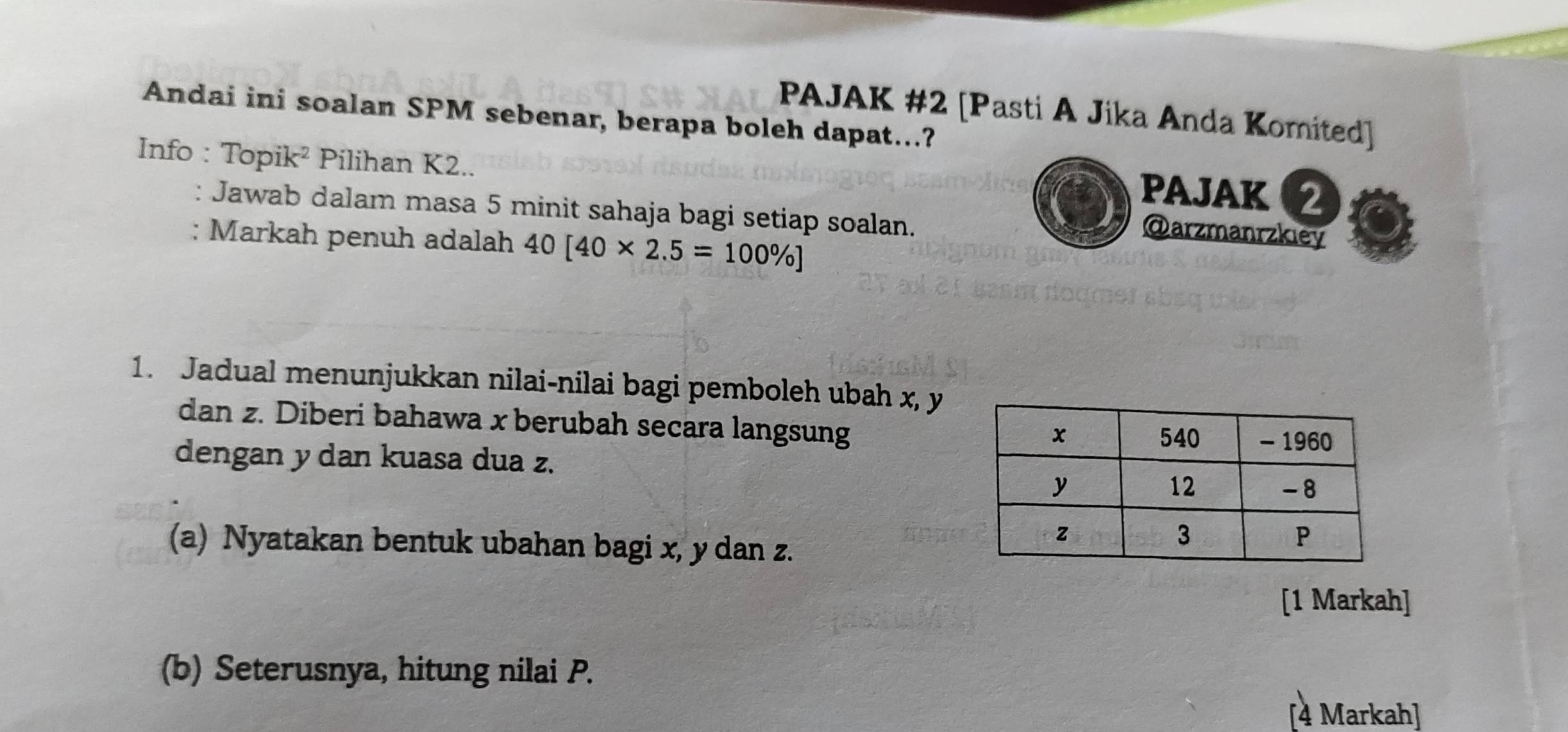 PAJAK #2 [Pasti A Jika Anda Komited] 
Andai ini soalan SPM sebenar, berapa boleh dapat...? 
Info : Topik² Pilihan K2.. 
PAJAK 2 
Jawab dalam masa 5 minit sahaja bagi setiap soalan. 
Markah penuh adalah 40[40* 2.5=100% ]
@arzmanrzkiey 
1. Jadual menunjukkan nilai-nilai bagi pemboleh ubah x, y
dan z. Diberi bahawa x berubah secara langsung 
dengan y dan kuasa dua z. 
(a) Nyatakan bentuk ubahan bagi x, y dan z. 
[1 Markah] 
(b) Seterusnya, hitung nilai P. 
[4 Markah]