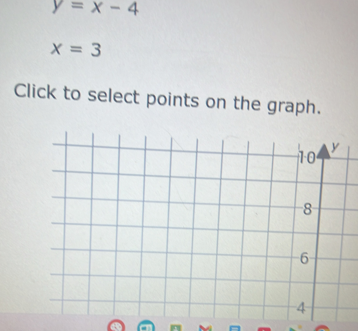 y=x-4
x=3
Click to select points on the graph.