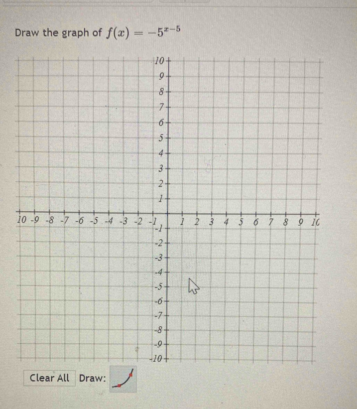 Draw the graph of f(x)=-5^(x-5)
1 
Clear All Draw: