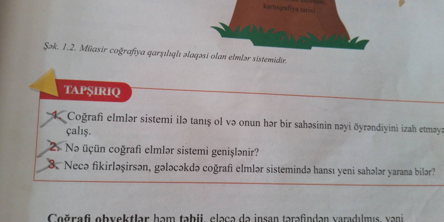 kartoqrafiya tarixi 
Şək. 1.2. Müasir coğrafiya qarşılıqlı əlaqəsi olan elmlər sistemidir. 
tapșiriq 
4. Coğrafi elmlər sistemi ilə tanış ol və onun hər bir sahəsinin nəyi öyrəndiyini izah etməya 
çalış. 
2. Nə üçün coğrafi elmlər sistemi genişlənir? 
3. Necə fikirləşirsən, gələcəkdə coğrafi elmlər sistemində hansı yeni sahələr yarana bilər? 
Coğrafi obyektlər həm təbii. eləçə də insan tərəfindən varadılmıs, vəni