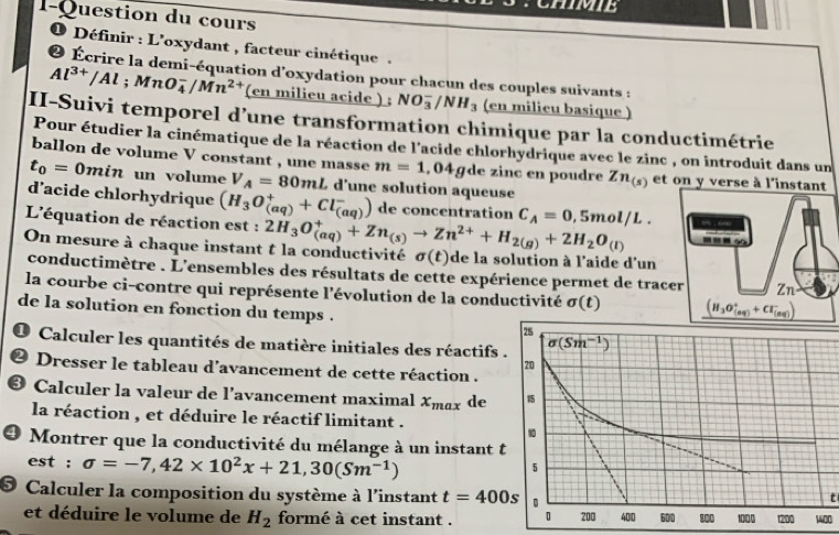 l-Question du cours
O Définir : L'oxydant , facteur cinétique  .
0 Écrire la demi-équation d'oxydation pour chacun des couples suivants :
Al^(3+)/Al;MnO_4^(-/Mn^2+) (en milieu acide ) ; NO_3^(-/NH_3) (en milieu basique )
II-Suivi temporel d’une transformation chimique par la conductimétrie
Pour étudier la cinématique de la réaction de l'acide chlorhydrique avec le zinc , on introduit dans un
ballon de volume V constant , une masse m=1 04 Łgde zinc en poudre Zn_(s) et on y verse à l'instant
t_0=0 min un volume V_A=80mL d'une solution aqueuse
d'acide chlorhydrique (H_3O_((aq))^++Cl_((aq))^-) de concentration
L'équation de réaction est : 2H_3O_((aq))^++Zn_(s)to Zn^(2+)+H_2(g)+2H_2O_(l) C_A=0,5mol/L. -_ (O
On mesure à chaque instant t la conductivité sigma (t) de la solution à l'aide d'un
conductimètre . L'ensembles des résultats de cette expérience permet de tracer Zn
la courbe ci-contre qui représente l'évolution de la conductivité sigma (t) (H_3O_((aq))^++Cl_((aq))^-)
de la solution en fonction du temps .
Calculer les quantités de matière initiales des réactifs 
2  Dresser le tableau d'avancement de cette réaction .
3 Calculer la valeur de l’avancement maximal x_max de 
la réaction , et déduire le réactif limitant .
Montrer que la conductivité du mélange à un instant t
est : sigma =-7,42* 10^2x+21,30(Sm^(-1))
* Calculer la composition du système à l'instant t=400s
t
et déduire le volume de H_2 formé à cet instant .00