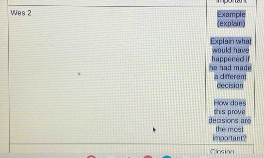 Wes 2 Example 
(explain) 
Explain what 
would have 
happened if 
he had made 
a different 
decision 
How does 
this prove 
decisions are 
the most 
important? 
Closina