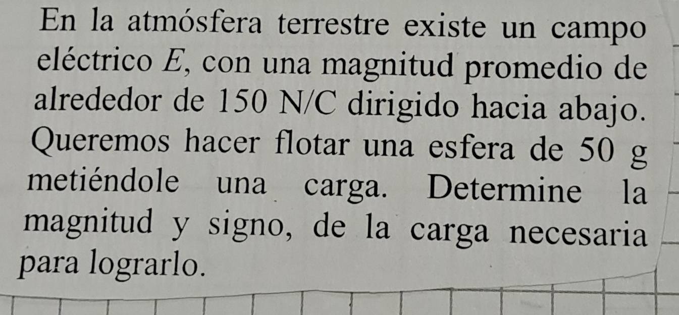 En la atmósfera terrestre existe un campo 
eléctrico E, con una magnitud promedio de 
alrededor de 150 N/C dirigido hacia abajo. 
Queremos hacer flotar una esfera de 50 g
metiéndole una carga. Determine la 
magnitud y signo, de la carga necesaria 
para lograrlo.