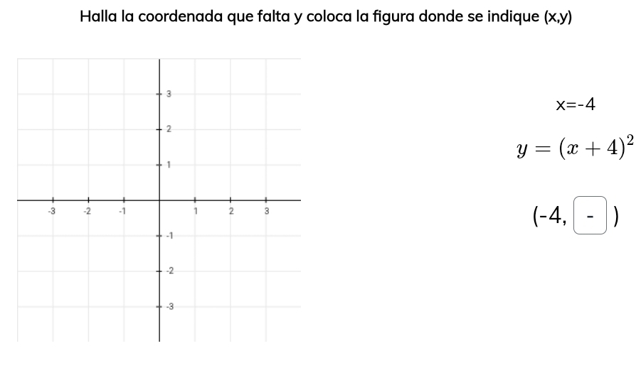 Halla la coordenada que falta y coloca la figura donde se indique (x,y)
x=-4
y=(x+4)^2
(-4,-)