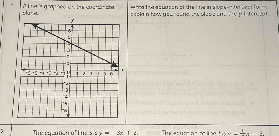 A line is graphed on the coordinate Write the equation of the line in slope-intercept form.
plane. Explain how you found the slope and the y-intercept.
2 The equation of line sis y=-3x+2. The equation of line t is y=frac 1x-3.