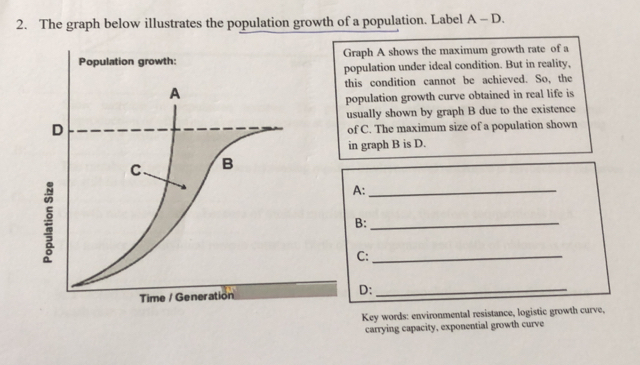 The graph below illustrates the population growth of a population. Label A - D. 
raph A shows the maximum growth rate of a 
opulation under ideal condition. But in reality, 
his condition cannot be achieved. So, the 
population growth curve obtained in real life is 
usually shown by graph B due to the existence 
of C. The maximum size of a population shown 
in graph B is D. 
A:_ 
B:_ 
C:_ 
D:_ 
Key words: environmental resistance, logistic growth curve, 
carrying capacity, exponential growth curve