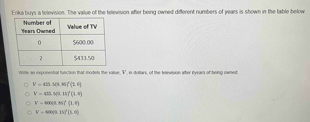 Erika buys a television. The value of the television after being owned different numbers of years is shown in the table below.
Write an exponential function that models the value, V, in dollars, of the television after tyears of being owned.
V=433.5(0.85)^t(2.0)
V=433.5(0.15)^t(1.0)
V=600(0.85)^t(1.0)
V=600(0.15)^t(1.0)