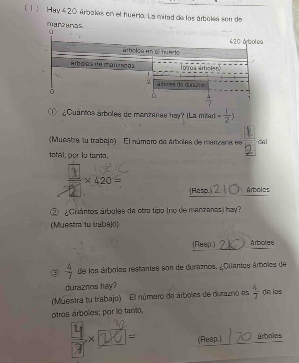 1 Hay 420 árboles en el huerto. La mitad de los árboles son de
manzanas.
D  ¿Cuántos árboles de manzanas hay? (La mitad = 1/2 )
(Muestra tu trabajo) El número de árboles de manzana es del
total; por lo tanto,
×420×
(Resp.) árboles
② ¿Cuántos árboles de otro tipo (no de manzanas) hay?
(Muestra tu trabajo)
(Resp.) árboles
③  4/7  de los árboles restantes son de duraznos. ¿Cúantos árboles de
duraznos hay?
(Muestra tu trabajo) El número de árboles de durazno es  4/7  de los
otros árboles; por lo tanto,
_ árboles
(Resp.)