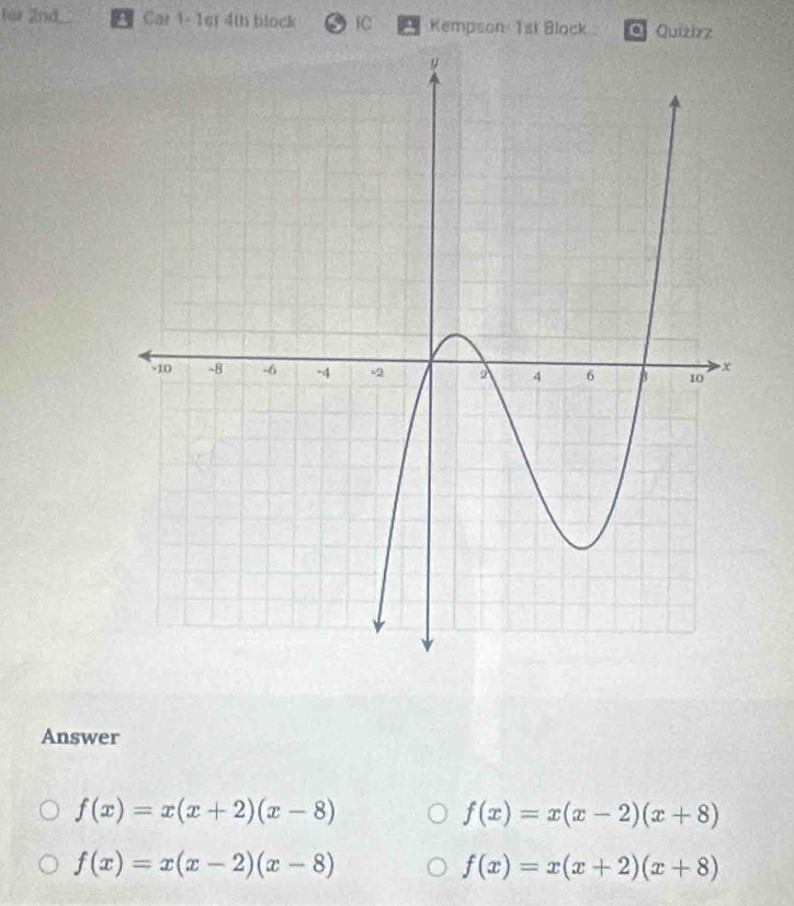 für 2nd a Car 1- 1st 4th block IC Kempson 1st Block a Quizizz
Answer
f(x)=x(x+2)(x-8)
f(x)=x(x-2)(x+8)
f(x)=x(x-2)(x-8)
f(x)=x(x+2)(x+8)