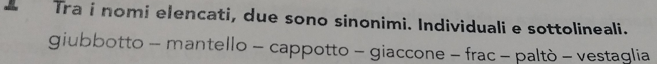 Tra i nomi elencati, due sono sinonimi. Individuali e sottolineali. 
giubbotto - mantello - cappotto - giaccone - frac - paltò - vestaglia