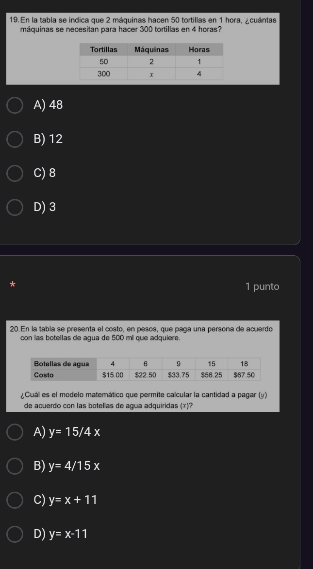 En la tabla se indica que 2 máquinas hacen 50 tortillas en 1 hora, ¿cuántas
máquinas se necesitan para hacer 300 tortillas en 4 horas?
A) 48
B) 12
C) 8
D) 3
*
1 punto
20.En la tabla se presenta el costo, en pesos, que paga una persona de acuerdo
con las botellas de agua de 500 ml que adquiere.
¿Cuál es el modelo matemático que permite calcular la cantidad a pagar (y)
de acuerdo con las botellas de agua adquiridas (x)?
A) y=15/4x
B) y=4/15x
C) y=x+11
D) y=x-11