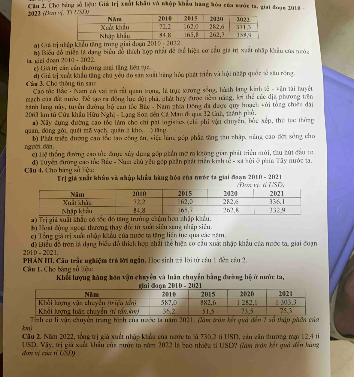 Cho bảng số liệu: Giá trị xuất khẩu và nhập khẩu hàng hóa của nước ta, giai đoạn 2010 -
2022 (Đơn v
a) Giá trị nhập khẩu tăng trong giai đoạn 2010 - 2022.
b) Biểu đồ miền là dạng biểu đồ thích hợp nhất đề thể hiện cơ cấu giá trị xuất nhập khẩu của nước
ta, giai đoạn 2010 - 2022.
c) Giá trị cán cân thương mại tăng liên tục.
d) Giá trị xuất khẩu tăng chủ yếu do sản xuất hàng hóa phát triển và hội nhập quốc tế sâu rộng.
Câu 3. Cho thông tin sau:
Cao tốc Bắc - Nam có vai trò rất quan trọng, là trục xương sống, hành lang kịnh tế - vận tải huyết
mạch của đất nước. Để tạo ra động lực đột phá, phát huy được tiềm năng, lợi thể các địa phương trên
hành lang này, tuyển đường bộ cao tốc Bắc - Nam phía Đông đã được quy hoạch với tổng chiều dài
2063 km từ Cửa khẩu Hữu Nghị - Lạng Sơn đến Cà Mau đi qua 32 tỉnh, thành phố.
a) Xây đựng đường cao tốc làm cho chi phí logistics (chi phí vận chuyển, bốc xếp, thủ tục thông
quan, đóng gói, quét mã vạch, quản lí kho,.) tăng.
b) Phát triển đường cao tốc tạo công ăn, việc làm, góp phần tăng thu nhập, nâng cao đời sống cho
người dân.
c) Hệ thống đường cao tốc được xây dựng góp phần mở ra không gian phát triển mới, thu hút đầu tư.
d) Tuyến đường cao tốc Bắc - Nam chủ yếu góp phần phát triển kinh tế - xã hội ở phía Tây nước ta.
Câu 4. Cho bảng số liệu:
Trị giá xuất khẩu và nhập khẩu hàng hóa của nước ta giai đoạn 2010 - 2021
a) Trị giá xuất khẩu có tốc độ tăng trưởng chậm hơn nhập u.
b) Hoạt động ngoại thương thay đổi từ xuất siêu sang nhập siêu.
c) Tổng giá trị xuất nhập khầu của nước ta tăng liên tục qua các năm.
d) Biểu đồ tròn là dạng biểu đồ thích hợp nhất thể hiện cơ cấu xuất nhập khẩu của nước ta, giai đoạn
2010 - 2021.
PHÀN III. Câu trắc nghiệm trả lời ngắn. Học sinh trả lời từ câu 1 đến câu 2.
Câu 1. Cho bảng số liệu:
Khối lượng hàng hóa vận chuyển và luân chuyển bằng đường bộ ở nước ta,
Tính cự li vận chuyến trung bình của nước ta năm 2021. (làm tròn kết quả đến 1 số thập phân của
km)
Câu 2. Năm 2022, tổng trị giá xuất nhập khẩu của nước ta là 730,2 tỉ USD, cán cân thương mại 12,4 tiỉ
USD. Vậy, trị giá xuất khẩu của nước ta năm 2022 là bao nhiêu tỉ USD? (làm tròn kết quả đến hàng
đơn vị của tỉ USD)