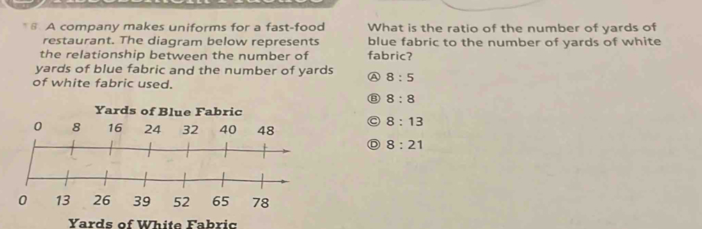 A company makes uniforms for a fast-food What is the ratio of the number of yards of
restaurant. The diagram below represents blue fabric to the number of yards of white
the relationship between the number of fabric?
yards of blue fabric and the number of yards A 8:5
of white fabric used.
B 8:8
Yards of Blue Fabric
8:13
0 8 16 24 32 40 48
8:21
0 39 52 65
Yards of White Fabric