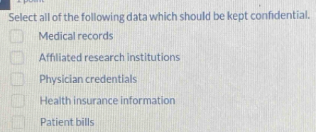 Select all of the following data which should be kept confidential.
Medical records
Affiliated research institutions
Physician credentials
Health insurance information
Patient bills