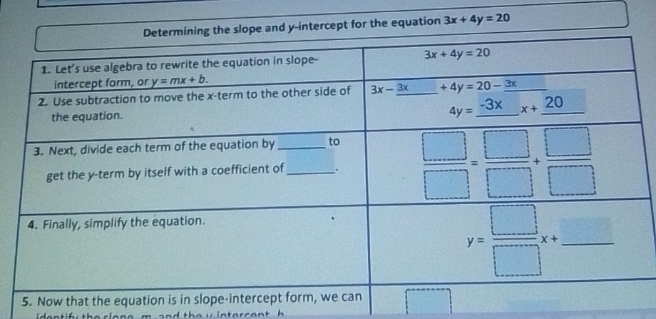 for the equation 3x+4y=20