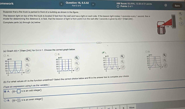 mework Question 16, 6.5.52 HW Score: 63.49%, 13.33 of 21 points Savo
Part 2 of 6 Points: 0 of 1
Suppose that a fire truck is parked in front of a building as shown in the figure.
The beacon light on top of the fire truck is located 9 feet from the wall and has a light on each side. If the beacon light rotates 1 revolution every 1 second, then a
model for determining the distance d, in feet, that the beacon of light is from point A on the wall after t seconds is given by d(t)=|9tan (2π t)|
Complete parts (a) through (e) below.
9 m
(a) Graph d(t)=|9tan (2π t)| for 0 ≤ t ≤ 1. Choose the correct graph below.
B.
c.
D.
A
50
40
30
30 -
25
20
10
0
。
0
(b) For what values of t is the function undefined? Select the correct choice below and fill in the answer box to complete your choice
(Type an expression using k as the variable.)
A.  t|t=□ kisanoddinteger
B.  t|t=□ ,k is an even integer
π More