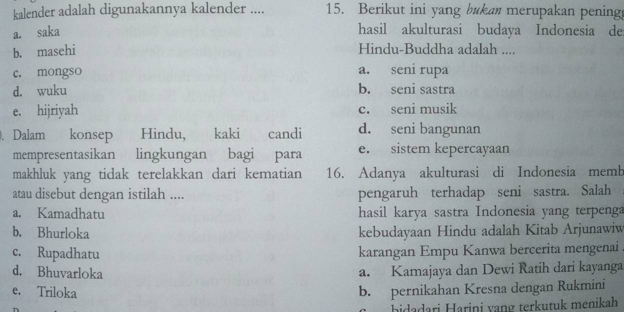 kalender adalah digunakannya kalender .... 15. Berikut ini yang bukan merupakan penings
a. saka hasil akulturasi budaya Indonesia de
b. masehi Hindu-Buddha adalah ....
c. mongso a. seni rupa
d. wuku b. seni sastra
e. hijriyah c. seni musik
. Dalam konsep Hindu, kaki candi
d. seni bangunan
mempresentasikan lingkungan bagi para
e. sistem kepercayaan
makhluk yang tidak terelakkan dari kematian 16. Adanya akulturasi di Indonesia memb
atau disebut dengan istilah .... pengaruh terhadap seni sastra. Salah
a. Kamadhatu hasil karya sastra Indonesia yang terpenga
b. Bhurloka kebudayaan Hindu adalah Kitab Arjunawiw
c. Rupadhatu karangan Empu Kanwa bercerita mengenai
d. Bhuvarloka a. Kamajaya dan Dewi Ratih dari kayanga
e. Triloka b. pernikahan Kresna dengan Rukmini
bidadari Harini vang terkutuk menikah