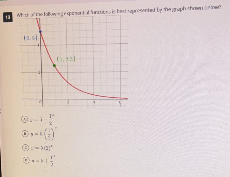 following exponential functions is best represented by the graph shown below?
A y=5-frac 12^(x
B y=5^-)( 1/2 )^x
y=5(2)^x
D y=5+frac 12^x