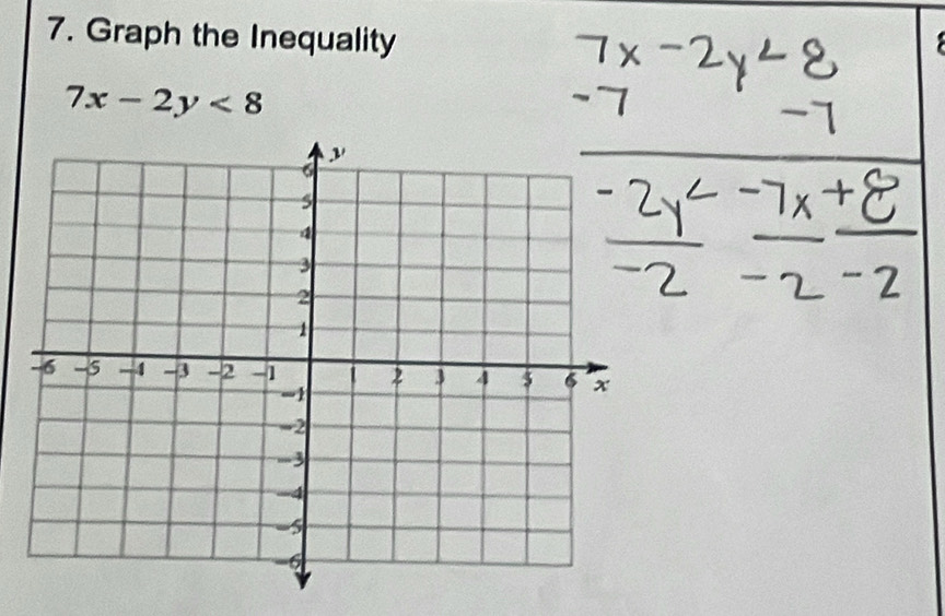 Graph the Inequality
7x-2y<8</tex>